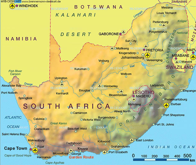 Southern Africa - Topography and Towns